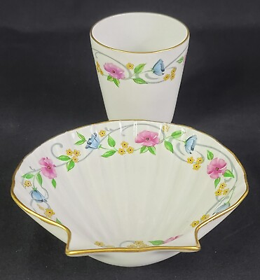 #ad Vintage Limoges Chamart France Porcelain Floral Shell Dish with Matching Tumbler $19.95