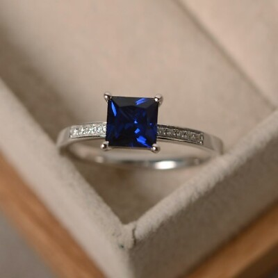 #ad 2.31 Ct Princess Natural Sapphire Diamond Engagement Ring 14K White Gold 6 7 8 $672.32