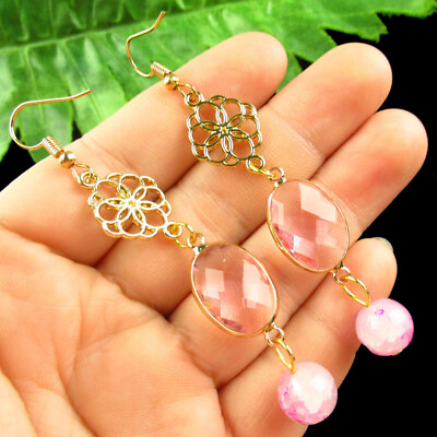 2Pair Faceted Pink Crystal Oval Tibetan Gold Flower Pendant Earrings SSG1190 $10.13