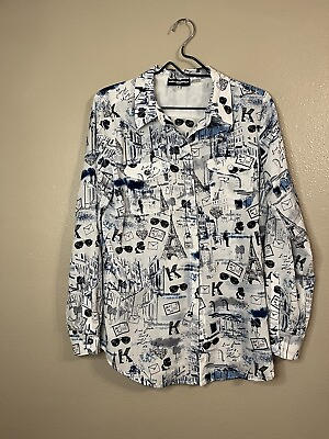 #ad Karl Lagerfeld Paris Womens Medium Printed Whimsical Long Sleeve Button Up Shirt $26.99