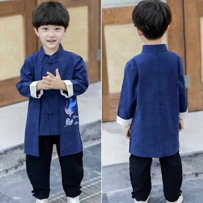 #ad Children Boy Ethnic Tang Suit Hanfu Costume Crane Embroidery Chinese Outfit Sets $25.45