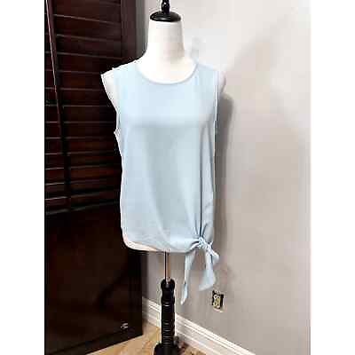 #ad Vince Camuto Womens Blouse Blue Sleeveless Keyhole Jewel Neck Tie Front Solid S $15.99