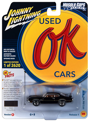 #ad 1972 Oldsmobile 442 W30 Black w Gold Hood amp; Side Stripes Johnny Lightning $7.99