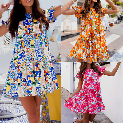 #ad Women#x27;s Boho Floral Short Sleeve Dress Ladies Holiday Beach Ruffle Mini Dre C $3.83