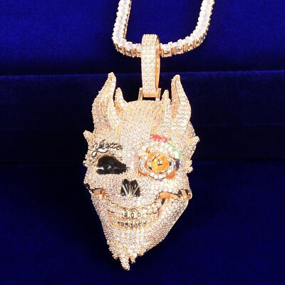 #ad 5AAA CZ Ice Out Hop Hip Skull Men#x27;s Bling Pendant Necklace 24k Real Gold Plated $134.99