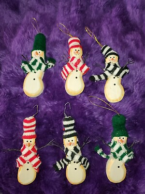 #ad Primitive Wooden Snowman Ornaments Set Lot 6 w Wire Arms $9.99