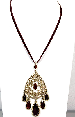 #ad Beachy Tribal Ethnic Gold Tone Open Work Teardrop Red Charm Velvet Necklace 18quot; $7.34