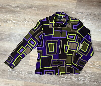 #ad Finity Studio Sz 4 Purple Green 100% Silk Geometric Button Up Front Blouse Shirt $54.88