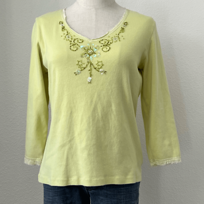 #ad Y2K 2000s Floral Beaded Sequin Green V neck Top L Fairy Grunge 90s Coastal $2.94