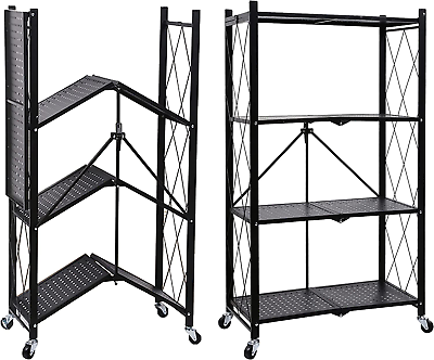 #ad 4 Tier Heavy Duty Foldable Metal Rack Storage Shelving Unit with Wheels Moving E $115.99