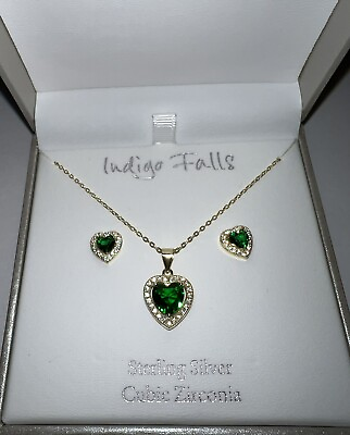 #ad New Indigo Falls Sterling Silver Crystal Green Heart Necklace amp; Earrings Set $29.00