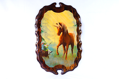 #ad Vintage Unicorn Mystical Fantasy Wood Panel Painting Leprechaun Unicorn Lacquer $124.77