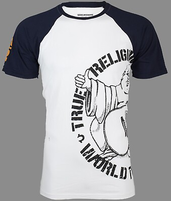 #ad $79 TRUE RELIGION White Navy PART BUDDHA Short Sleeve Designer Raglan T shirt $21.99