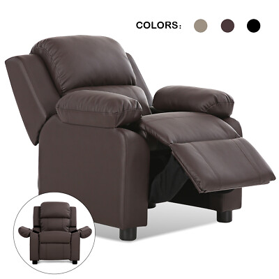 #ad Brown Deluxe Padded Kids Sofa Armchair Recliner Headrest Children w Storage Arms $129.99