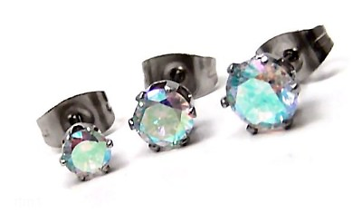 #ad Aurora Borealis Stud Earrings Hypoallergenic Surgical Steel 3 Sizes Offered $9.49