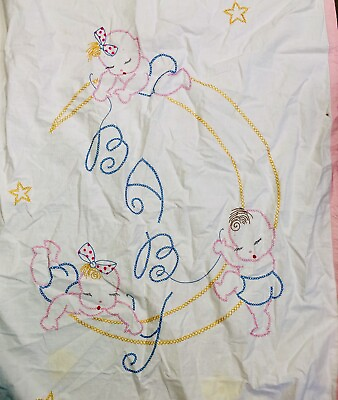 #ad Vintage Linens Lot Children Baby Crib Topper Sheet Bib Bunny Bird Cutter Crafts $21.74