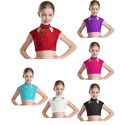 #ad Kids Girls Dancewear Dance Vest Stylish Crop Top Shiny Tops Mock Neck Tank Top $9.99