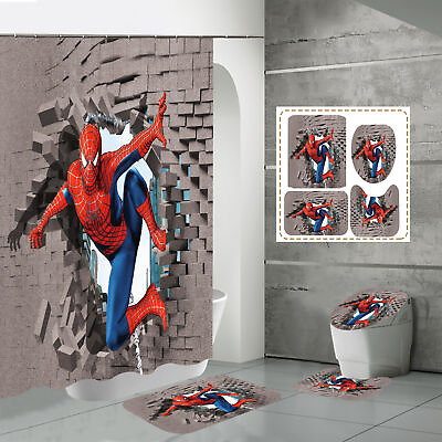 #ad Gift Bathroom Spider man Shower Curtain Non Slip U shaped Mat Toilet Mats 4pcs $29.75
