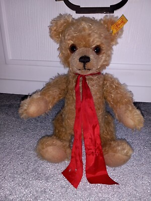 #ad Steiff Teddy Bear Jointed Gold Mohair 14quot; Tag Attached Red Ribbon with Damage $85.00