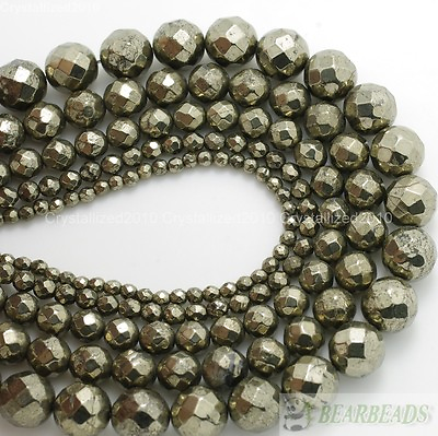 #ad Natural Iron Pyrite Gemstone Faceted Round Beads 3mm 4mm 6mm 8mm 10mm 12mm 16#x27;#x27; $17.28