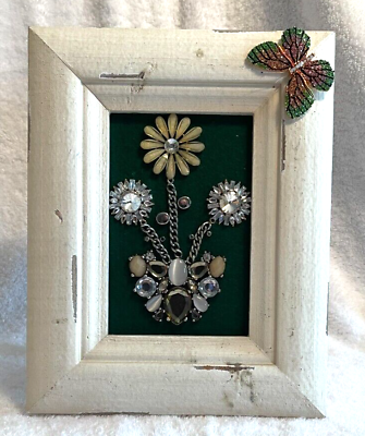 #ad VINTAGE JEWELRY ART FRAMED by Sheri of Dallas DAISIES ON GREEN 7.5 in x 9.5 in $38.97