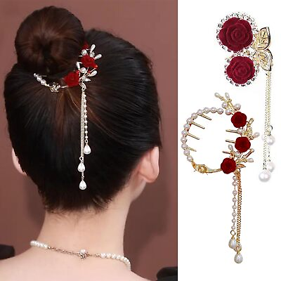 #ad 2 Pcs Red Rose Hair Claw Clips Flocked Rose Rhinestones Peal Tassel Hair Pins... $19.64