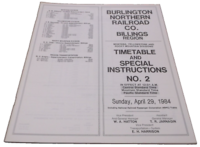 #ad APRIL 1984 BURLINGTON NORTHERN BILLINGS REGION EMPLOYEE TIMETABLE #2 $25.00