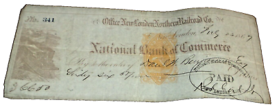 #ad JULY 1867 NEW LONDON NORTHERN COMPANY CHECK #341 CENTRAL VERMONT $75.00