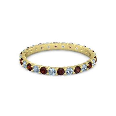 #ad 10k Yellow Gold Round Garnet Blue Topaz Stackable Women Eternity Band Ring $182.09