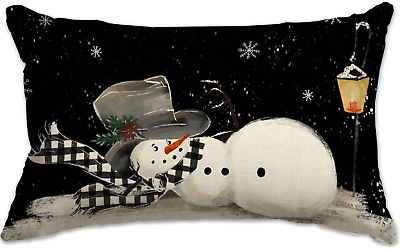 #ad Christmas Pillow Cover 12X20 Snowman Black Merry Christmas Snowflake Lumbar Pill $5.99