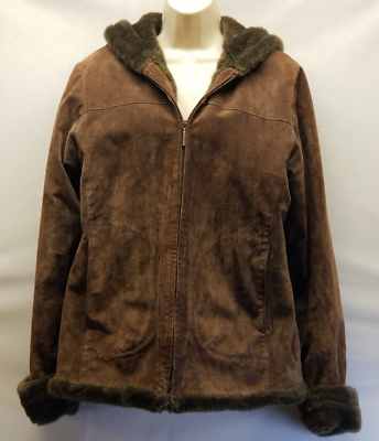 #ad Boston Harbour Womans Heavy Coat Zip Suede with Faux Fur Trim amp; Hood Brown Large $37.85