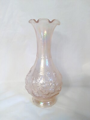 #ad Vintage Imperial Glass Pink Carnival Glass Embossed Open Roses 6.25quot; Bud Vase $19.99
