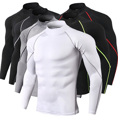#ad #ad Men Turtleneck Compression Base Layer Top Gym Tights Athletic Long Sleeve Shirt‹ $12.34