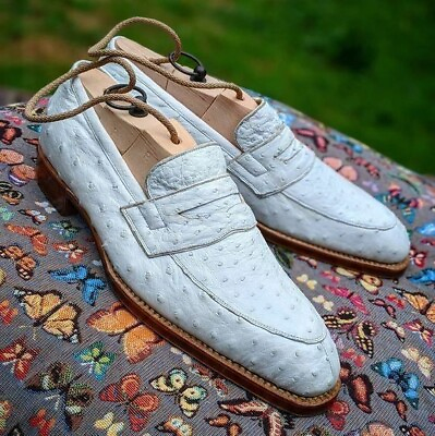 #ad New Handmade Men White Ostrich Textured Leather Shoes Men Dress Formal Shoes $159.99
