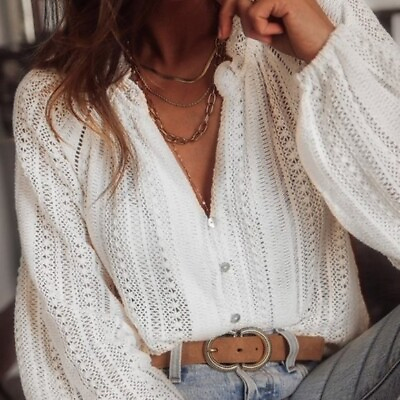 #ad M New White Lace Long Sleeve V Neck Button Front Blouse Top Women#x27;s Size MEDIUM $64.50