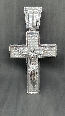 #ad Stunning Full 3D Jesus On Cross Design White Cubic Zirconia Men#x27;s Fine Pendant $885.00