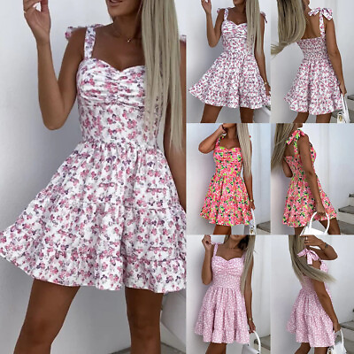 #ad Women Strappy Holiday Beach Summer Sundress Ladies Floral Boho Ruffle Mini Dress $12.65