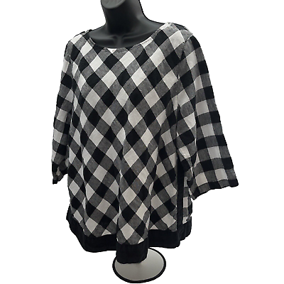 #ad Linen J Jill Love Size XL 3 4 Sleeve Black White Round Neck Gingham Plaid Boxy $16.99