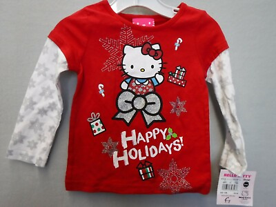 #ad GIRLS HELLO KITTY SIZE 24 MONTHS RED WHITE HAPPY HOLIDAY TSHIRT L S NEW #20350 $3.49