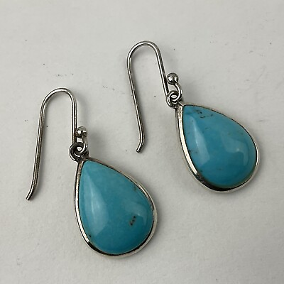 #ad SX Brand Genuine Turquoise Teardrop Earrings Sterling Silver 925 Dangle Thailand $39.99