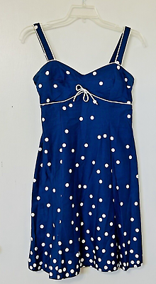#ad Blue Strappy Pinup Dress Size 10 PETITE Rockabilly Polka Dot A Lined Knee Length $30.56