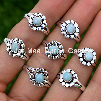 #ad Big Lot Pcs Natural Blue LARIMAR Gemstone Silver Plated Floral Ring P100 $204.00