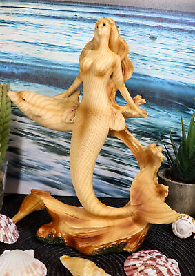 #ad Large Ocean Mermaid Princess With Dolphin Friend Figurine Coastal Marine Statue $26.99