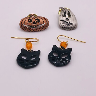#ad Curated Lot Of 3 Halloween Black Cat Earrings and Jack O Lantern Brooches L557 $13.49