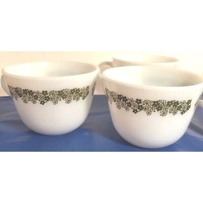 #ad Pyrex Corning 4 Crazy Dasiy Coffee Mugs Tea Cups VTG White Green $18.88