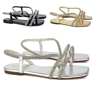 #ad Womens Flat Diamante Sandals Ladies Slingback Sparkly Strappy Holiday Shoes GBP 24.99