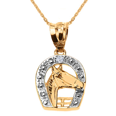 #ad Yellow 14k Gold Diamond Horseshoe with Horse Head Pendant Necklace $329.98