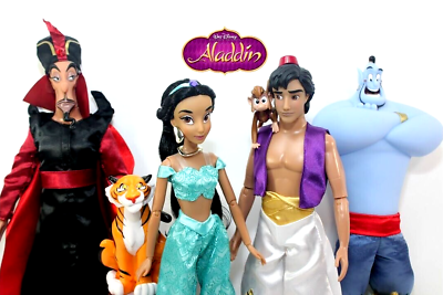 #ad Disney Store Aladdin Deluxe Doll Gift Set Princess Jasmine Genie Jafar Rajah Abu $155.00