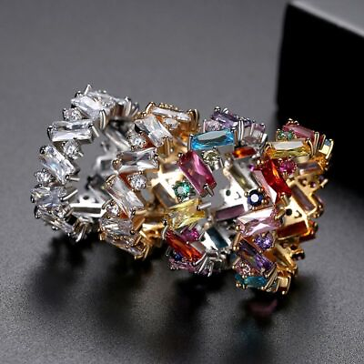 #ad Eternity Promise Zircon Rings Rainbow Geometric Finger Ring Fashion Jewelries $13.18