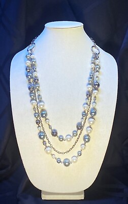 #ad Trendy amp; Stylish Silver Tone Faux Silver Gray Pearl Beaded Multistrand Necklace $13.50